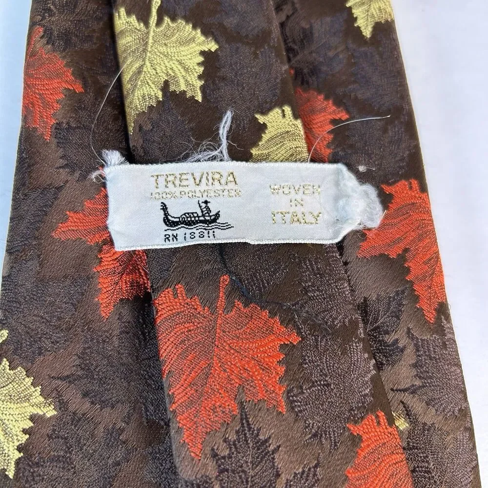 Trevira Italy Men’s Brown Orange Gold Vintage Maple Leaf Print Tie